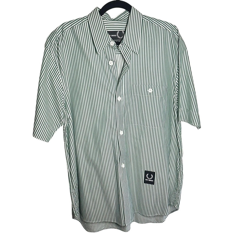 Raf Simons Fred Perry Green White Striped Short Sleeve Button Up Shirt Designer
